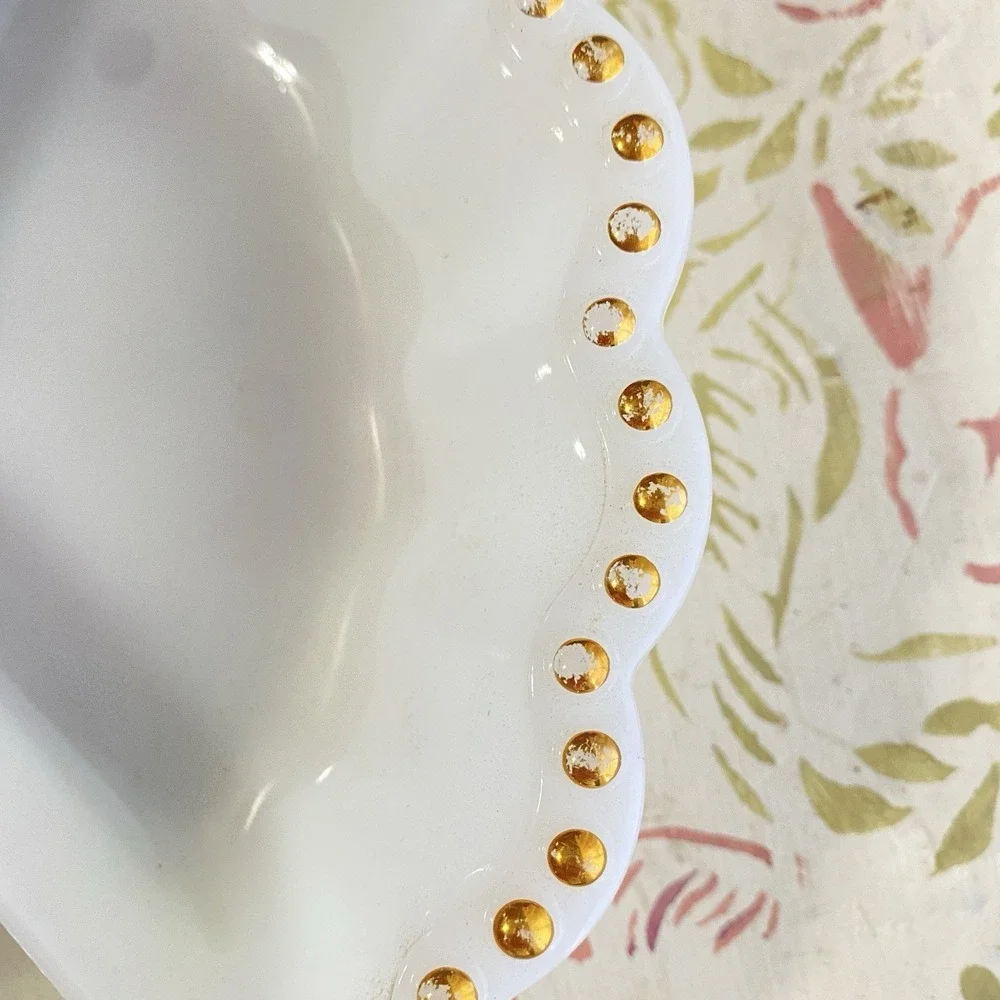 Vintage Anchor Hocking Milk Glass Divided Serving Tray Dish Gold Hobnail Dot MCM